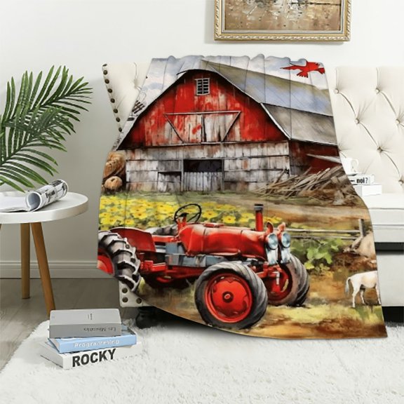 Pratyus Farm Scene Tractor Animals Flannel Throw Blanket for Bed Couch Sofa Chair All Seasons Comfort Excellent Hand Feel Blanket 40x50in