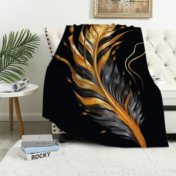 Pratyus Feather Gold Stripe Black Background Cozy Throw Blanket Lightweight Blanket for Bedroom Living Rooms Sofa Couch All Seasons Gifts 50x60in