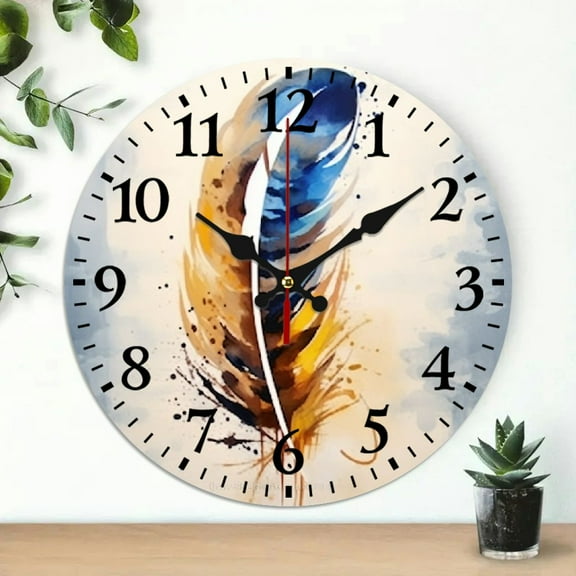 Pratyus Feather Watercolors Abstract Brush Strokes Wooden Wall Clock for Living Room Decor, 10-inch Silent Wall Clock for Bedroom, Kitchen, Office, Cafe, Library 10x10in