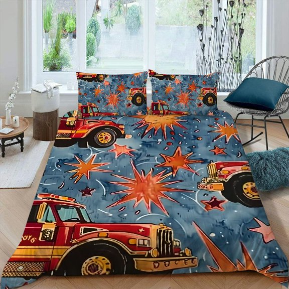 Pratyus Fire Trucks Stars Maximalism 3-Piece Bedding Set (1 Duvet Cover + 2 Pillow Shams) - Peach Skin Velvet - Bedroom; Guest Room 87x68in