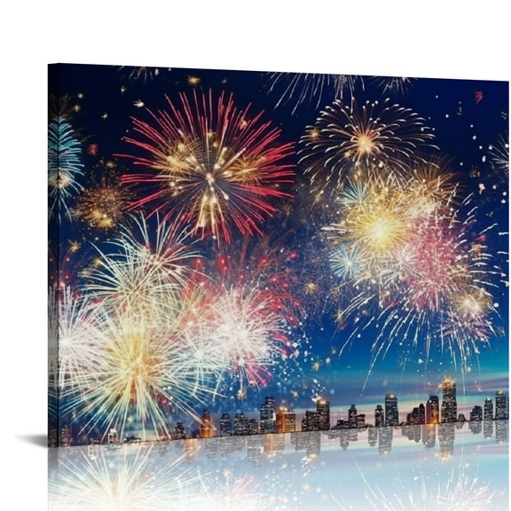 Pratyus Fireworks City Skyline Night Canvas Print Art Modern Decor for Home and Office - Ready To Hang Room Wall Decor 16x12in