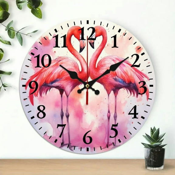 Pratyus Flamingo Heart-Shaped Beak Watercolor Spots Wall Clock Wall Hanging Decor 10 Inches, Silent Decorative Clock for Living Room 10x10in
