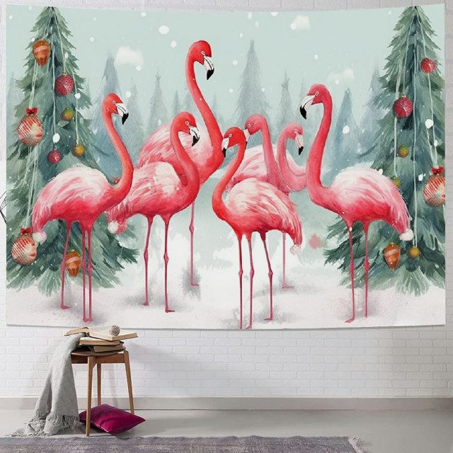 Pratyus Flamingos Christmas Tapestry Wall Hanging Short Plush Fabric