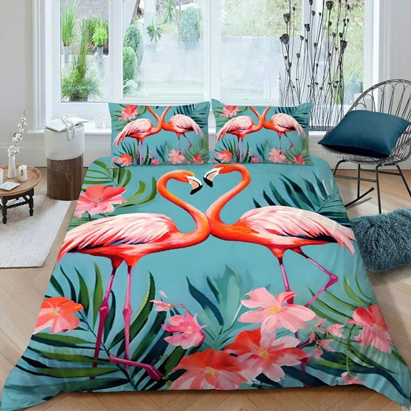 Pratyus Flamingos Flowers Leaves 3-Piece Bedding Set Lightweight and Soft Peach Skin Velvet Bedroom Guest Room 87x68in