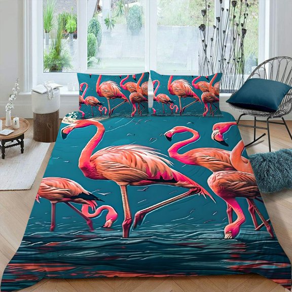 Pratyus Flamingos Water Moon 3-Piece Bedding Set (Single-Sided Print) Easy to Clean Peach Skin Velvet Bedroom Guest Room 87x68in