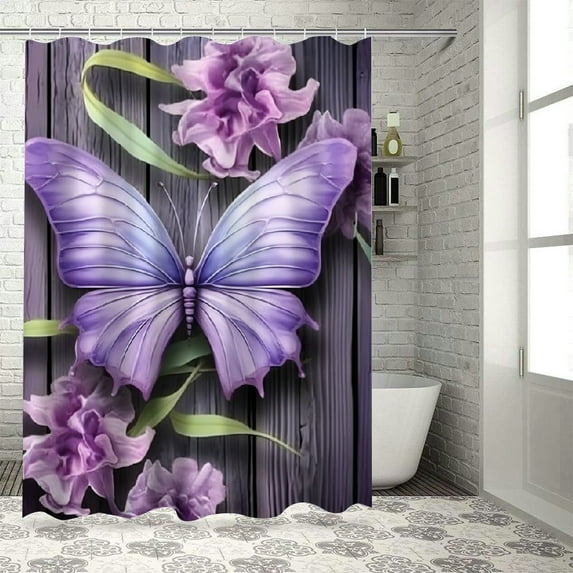 Pratyus Flower Butterfly Printed Shower Curtain, Easy Care 100% Polyester Fiber Bathroom Curtain Decoration with Hooks 60x72