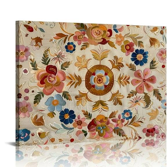 Pratyus Flower Design Embroidered Canvas Prints Wall Art for Home Decor Floral Theme Ready To Hang Room Art Decor 16x12in