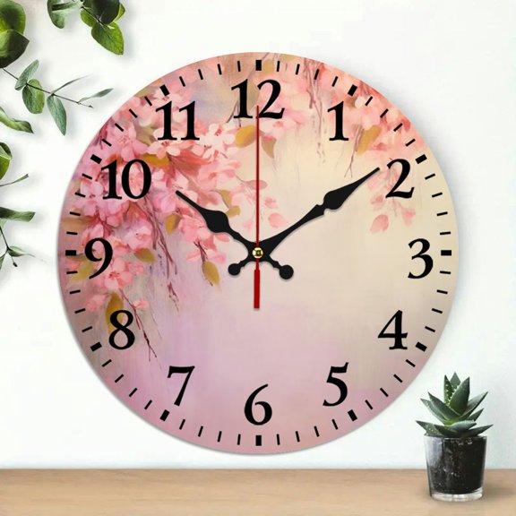 Pratyus Flowered Tree Print Silent Wall Clock 10 inches, Frameless Round Analog Decorative Clock for Living Room, Bedroom, Kitchen - Battery Operated 10x10in