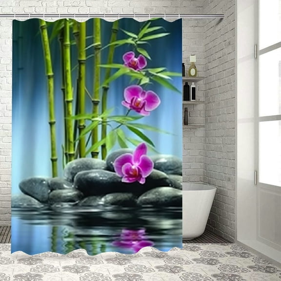 Pratyus Flowers Bamboo Trees Rocks Shower Curtains with Hooks, Chic Elegant Bathroom Decor 100% Polyester Shower Curtain Set Home Bathtubs Decoration 36"x72