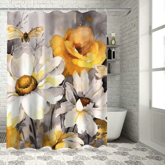 Pratyus Flowers Bee Modern Waterproof Shower Curtain for Country Cottage & Farmhouse Bathroom Decor, 100% Polyester, Washable, with Hooks, Chic Modern Bathroom Decor 36x72
