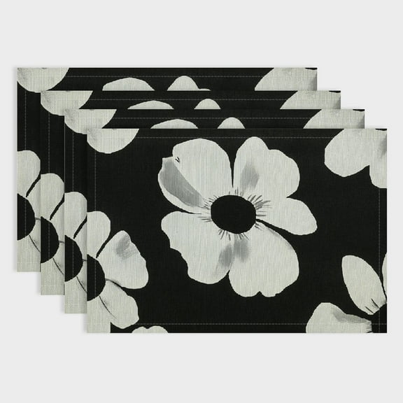 Pratyus Flowers Black and White Pattern Linen Placemats Set of 4 for Elegant Dining and Home Decoration 18x12in