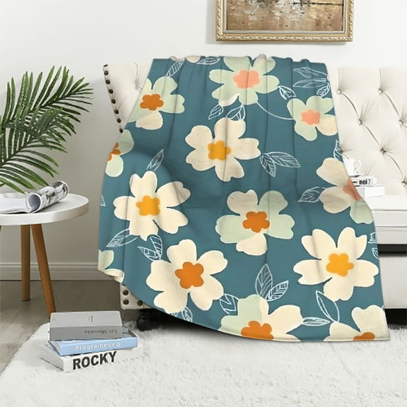 Pratyus Flowers Blue Background Screenprint Flannel Throw Blanket for Bed Sofa All Seasons Decor Gifts Lightweight Anti-Wrinkle Cozy 60x80in