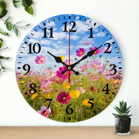 Pratyus Flowers Blue Sky Clouds Wall Clock Wall Hanging Decor 10 Inches Frameless Round Analog Decorative Clock for Living Room 10x10in
