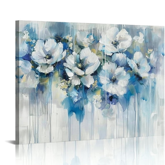 Pratyus Flowers Blue Stripe Soft Painting Canvas Wall Art Decor Ready to Hang Modern Prints 16x12in
