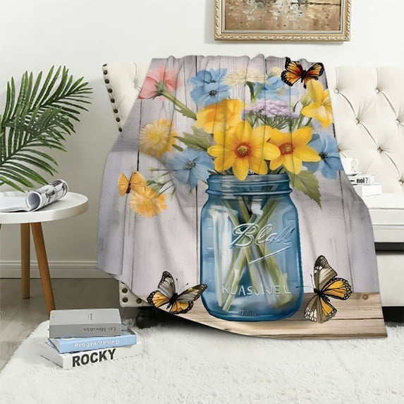Pratyus Flowers Butterflies Mason Jar Soft Cozy Printed Blanket & Throw for All Seasons Lightweight Blanket 40x50in