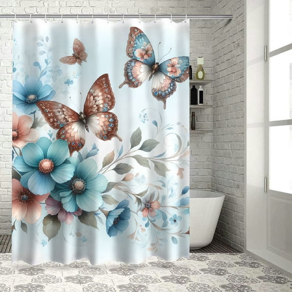 Pratyus Flowers Butterflies Printed Shower Curtain Set with Hooks, Chic Modern Bathroom Decor, 100% Polyester Fiber, Various Sizes 69x72