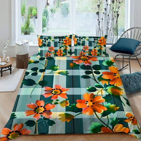 Pratyus Flowers Checkered Pattern 3-Piece Bedding Set with Zipper Closure, Soft Peach Skin Fabric for Bedroom; Guest Room 87x68in