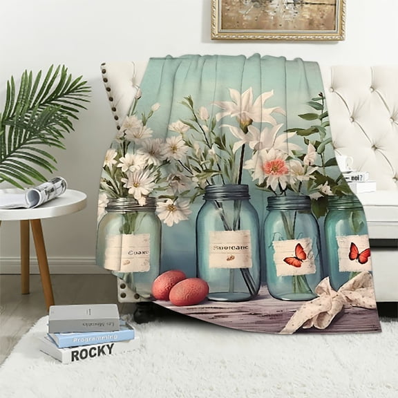 Pratyus Flowers Jars Starfish Print Throw Blanket for Bed Sofa Living Room Decor All Seasons Soft Plush Blankets 50x60in
