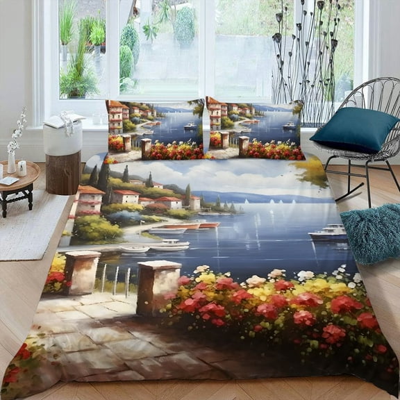Pratyus Flowers Lake Boats 3-Piece Bedding Set with High Quality Sleep Peach Skin Fabric Bedroom Guest Room Style 87x68in
