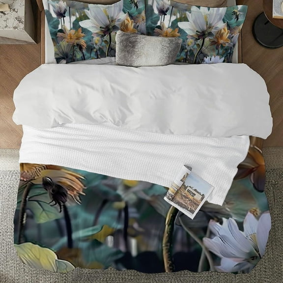 Pratyus Flowers Leaves Bee 3-Piece Bedding Set (Single-Sided Print) High-Quality Sleep 87x68in