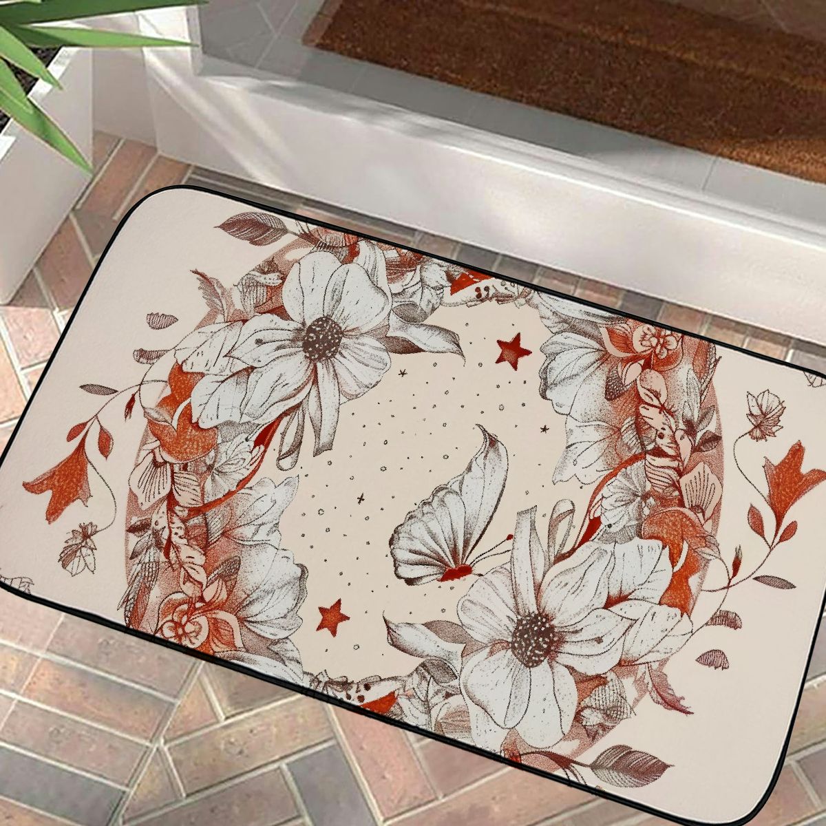 Pratyus Flowers Leaves Circular Design Outdoor Doormat for Entryway