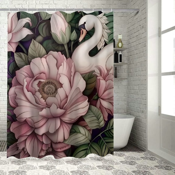 Pratyus Flowers Leaves Swan Print Shower Curtain, Polyester Fiber Curtain for Showers and Bathtubs, Bathroom Decoration with Hooks 69x72