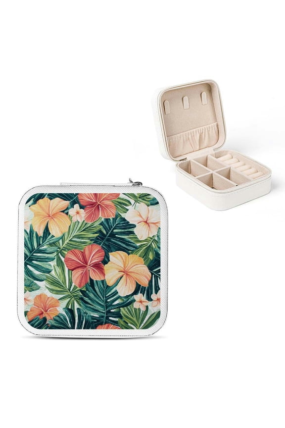 Flowers Leaves Tropical Jewelry Box Organizer for Necklace, Ring, Earring Storage White