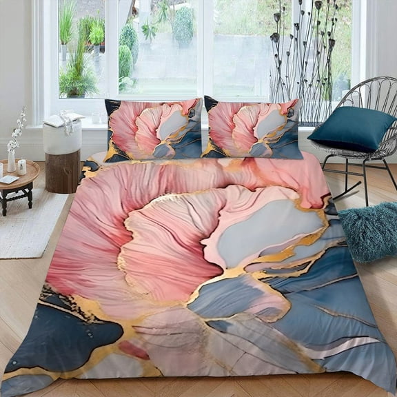 Pratyus Flowers Marble Gold 3-Piece Bedding Set Comfortable and Breathable Peach Skin Velvet Bedroom Guest Room 87x68in