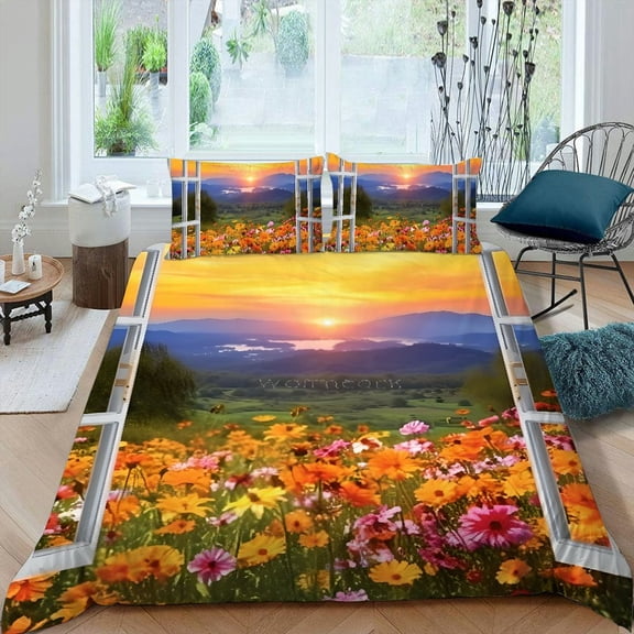 Pratyus Flowers Mountains Sunset 3-Piece Bed Set (Single-Sided Print) Easy to Clean Peach Skin Velvet Bedroom Guest Room 87x68in