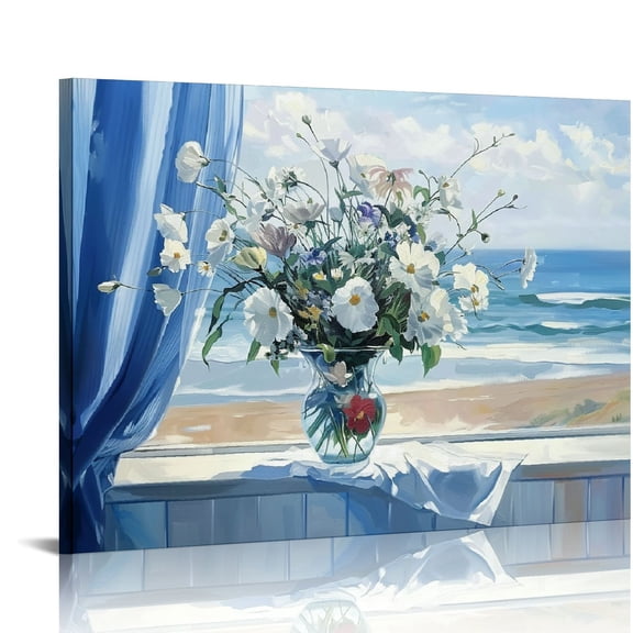 Pratyus Flowers Ocean Beach Canvas Print Wall Art Decor Home Living Room Bedroom Office Hotel Salon Condo Bar Mediation - Ideal Gift Choice 20x16in