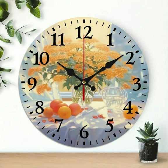 Pratyus Flowers Oranges Table Cloth Wall Clock Wall Decor for Living Room 10 Inches Round Analog Silent Clock Decorative for Home Office Cafe Library 10x10in