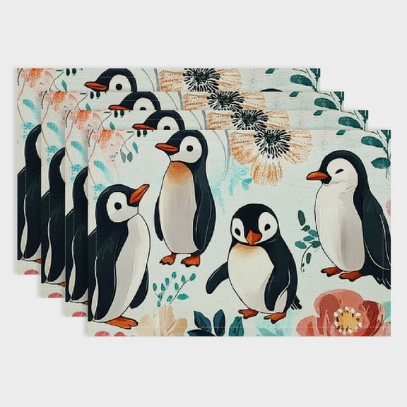 Pratyus Flowers Penguins Linen Dining Table Placemats, Set of 4 Hard Paper Table Mat for Birthday Parties, Christmas, Restaurants, Buffets, Home Decoration 18x12in