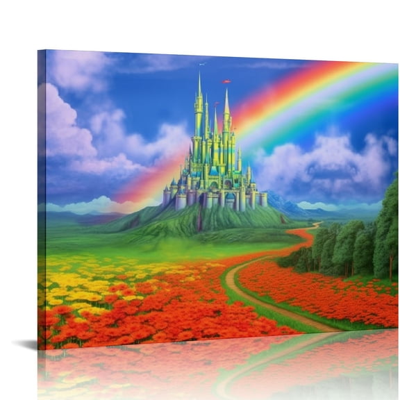 Pratyus Flowers Rainbow Castle Modern Canvas Wall Art Decor for Home Office Hotel Salon Gift 16x12in