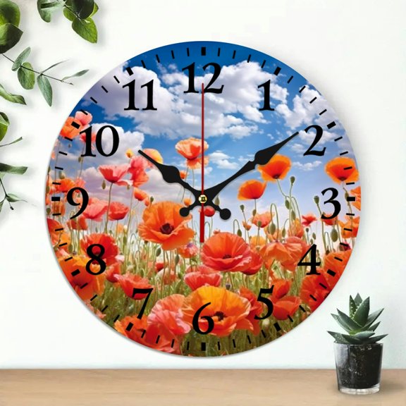 Pratyus Flowers Sky Clouds Round Wooden Wall Clock Wall Hanging Decor 10 Inches Frameless Analog Clock for Living Room Decor 10x10in