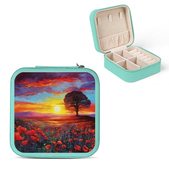 Pratyus Flowers Sunset Tree Jewelry Box Organizer for Necklace, Ring, Earring - Portable PU Leather Storage Case with Zipper Closure Green