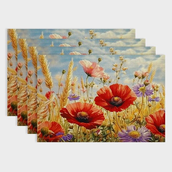 Pratyus Flowers Theme Linen Table Placemats for Birthday Parties, Christmas, Restaurants - Set of 4 18x12in
