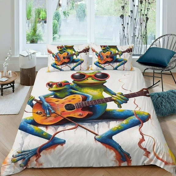 Pratyus Frog Glasses Guitar 3-Piece Bedding Set Single-Sided Print Comfortable and Breathable Peach Skin Velvet Bedroom Guest Room 87x68in