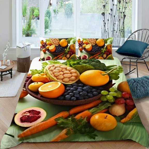 Pratyus Fruit Vegetables Flowers 3-Piece Bedding Set Lightweight and Soft Peach Skin Fabric Bedroom Guest Room 87x68in
