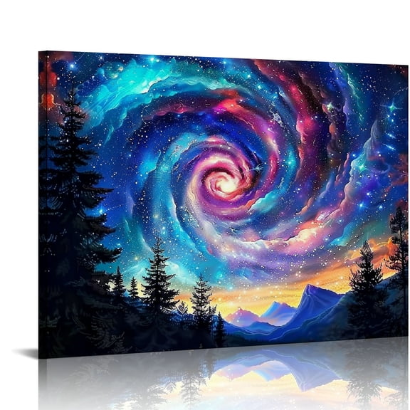 Pratyus Galaxy Trees Mountains Canvas Wall Decor for Home Living Room Bedroom Kitchen Bathroom Office Salon Bar Art Decor Gift Idea 20x16in