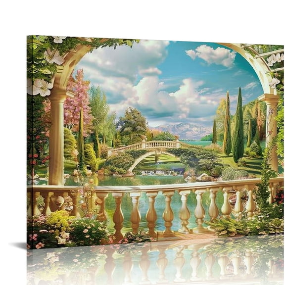 Pratyus Garden Lake Bridge Canvas Prints Wall Art - Modern Art Decor for Home and Office - Ready To Hang 16x12in
