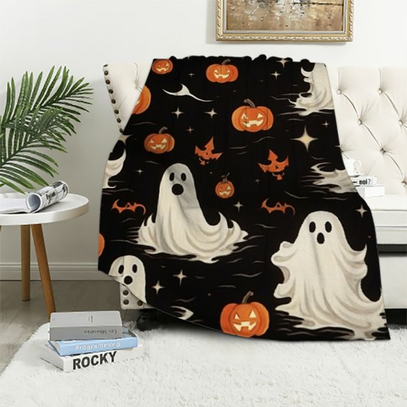 Pratyus Ghost Pumpkins Stars Halloween Flannel Throw Blanket for Bed Couch Sofa All Seasons Lightweight Soft Blanket 50x60in