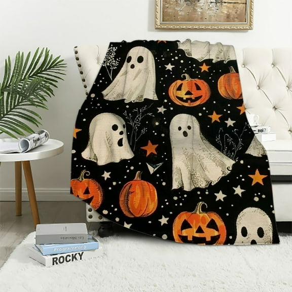 Pratyus Ghost Pumpkins Stars Halloween Throw Blanket Flannel Blanket for Bed Couch Sofa All Seasons Lightweight Soft Blanket 60x80in