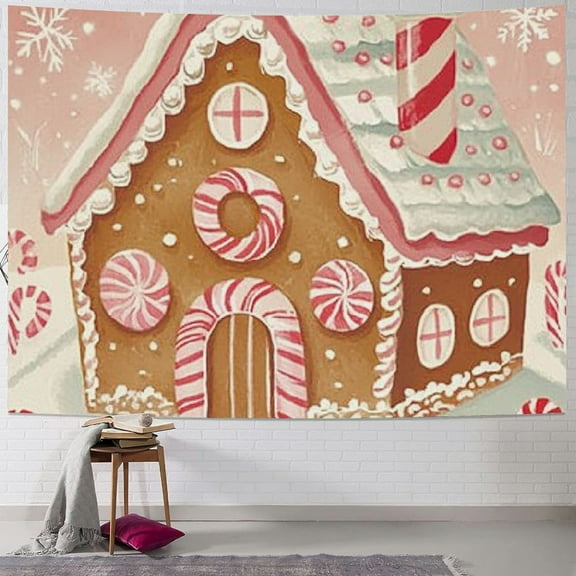 Pratyus Gingerbread House and Candy Canes Tapestry Wall Hanging Christmas Decoration Dorm Room Beach Shawl Bedspread Tablecloth Dorm Decoration, Short Plush Fabric 40x30inch