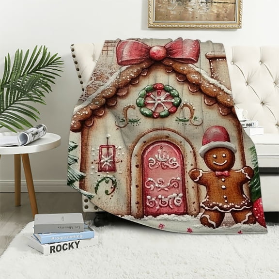 Pratyus Gingerbread House Gingerbread Man Folk Art Flannel Throw Blanket for Couch Sofa Bed, Christmas Home Decor All Seasons Comfort 50x60in