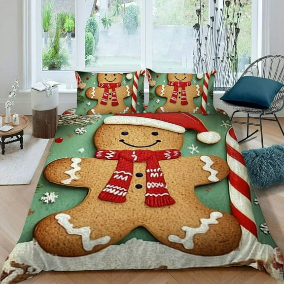 Pratyus Gingerbread Man 3-Piece Bedding Set with Modern Print, Soft Microfiber, Easy Care, for Bedroom and Guest Room Decor, Christmas Theme 87x68in