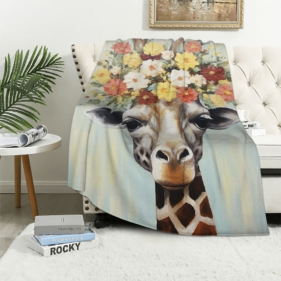 Pratyus Giraffe Flower Crown Flowers Flannel Throw Blanket for Couch Sofa Bed Office Decor All Seasons Super Soft Lightweight Anti-Wrinkle Blanket Gifts 40x50in