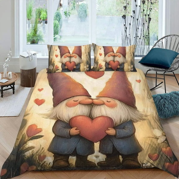 Pratyus Gnomes Hearts Fantasy Art 3-Piece Bedding Set Lightweight & Soft for Bedroom Home Decor, Romantic Valentine's Day Design, Wrinkle Fade Resistant, Machine Washable, Twin Size 87x68in