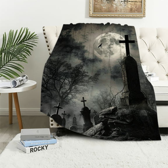 Pratyus Gothic Cemetery Under Full Moon Halloween Throw Blanket Flannel Blanket for Bed Couch Sofa All Seasons Excellent Hand Feel Blanket 40x50in