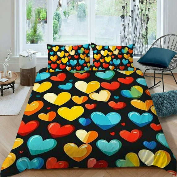 Pratyus Hearts Colorful Pattern 3-Piece Bedding Set for Bedroom Home Decor, Comfortable and Breathable, Romantic Valentine's Day Design 87x68in