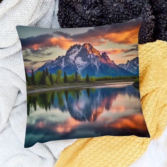 Pratyus Home Decor Throw Pillows Cover Mountain Range Lake Sunset Farmhouse Style Set of 1 for Sofa Couch 18x18in